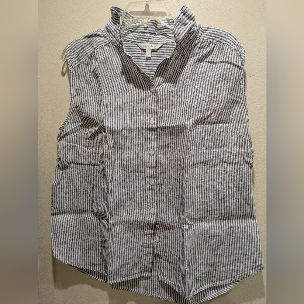 Garnet Hill Navy and White Striped Blouse Size Large